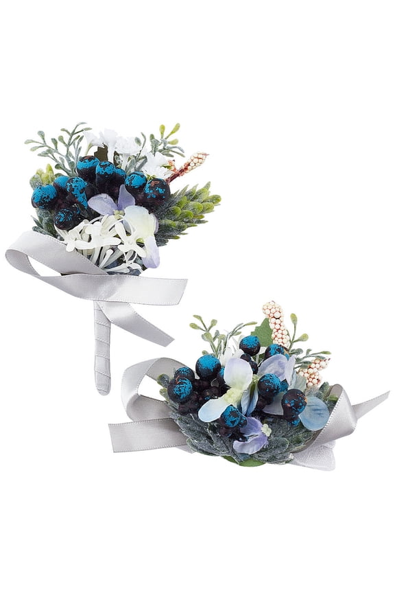 2PCS Flower Wrist Corsage Wedding Flowers Accessories Artificial Blue Rose Silk Elastic Wristband Boutonniere Buttonholes Groom and Bride Wedding