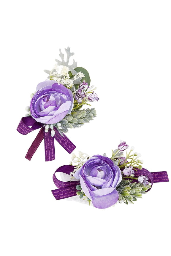 2PCS Flower Wrist Corsage Wedding Flowers Accessories Artificial Purple Rose Silk Wristband Boutonniere Buttonholes Rose Wrist Corsage Groom