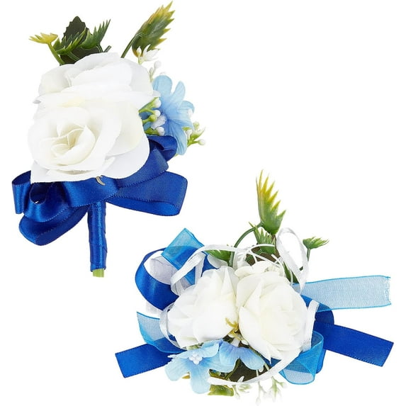 2PCS Flower Wrist Corsage Wedding Flowers Accessories Artificial White Rose Blue Silk Wristband Boutonniere Buttonholes Rose Wrist Corsage