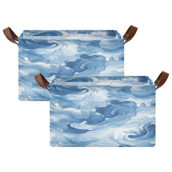 2PCS Foldable Storage Basket with Metal Frame Collapsible Organizer Bin Open Basket Bins for Laundry, Toys, Clothes Fluid Indigo Waves