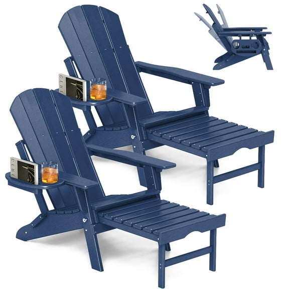 2PCS Folding Adirondack Chair with Retractable Ottoman, HDPE All-Weather Resistant Adjustable Backrest Adirondack Chair w/4 in 1 Cup Holder Trays, Navy Blue