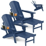 2PCS Folding Adirondack Chair with Retractable Ottoman, HDPE All-Weather Resistant Adjustable Backrest Adirondack Chair w/4 in 1 Cup Holder Trays, Navy Blue