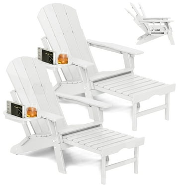 2PCS Folding Adirondack Chair with Retractable Ottoman, HDPE All-Weather Resistant Adjustable Backrest Adirondack Chair w/4 in 1 Cup Holder Trays, White