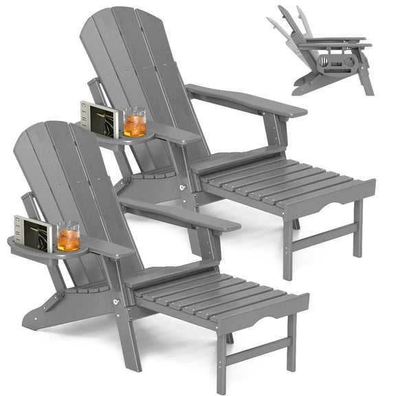 2PCS Folding Adirondack Chair with Retractable Ottoman, HDPE All-Weather Resistant Adjustable Backrest Adirondack Chair w/4 in 1 Cup Holder Trays, Wood Texture Grey
