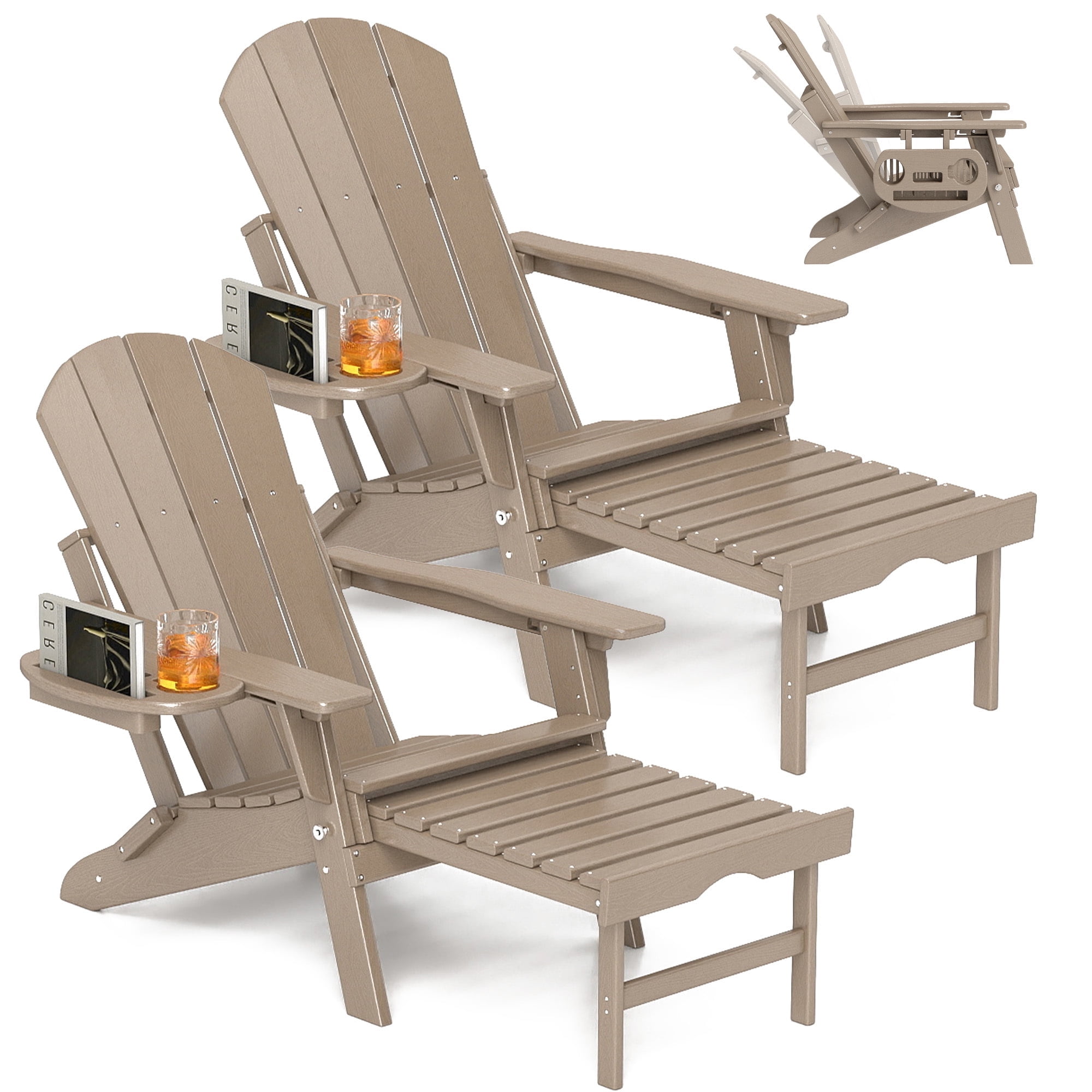 2PCS Folding Adirondack Chair with Retractable Ottoman, HDPE All-Weather Resistant Adjustable Backrest Adirondack Chair w/4 in 1 Cup Holder Trays, Wood Texture Brown