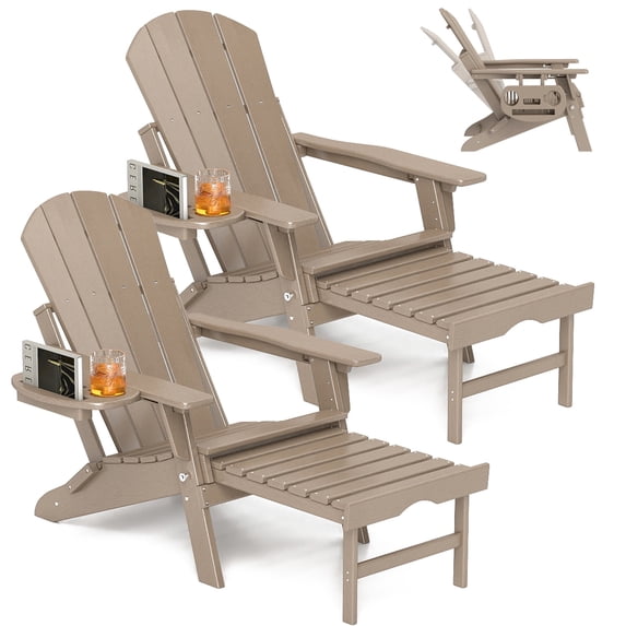 2PCS Folding Adirondack Chair with Retractable Ottoman, HDPE All-Weather Resistant Adjustable Backrest Adirondack Chair w/4 in 1 Cup Holder Trays, Wood Texture Brown