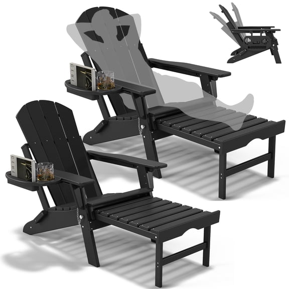 2PCS Folding Adirondack Chair with Ottoman, Adjustable Backrest Plastic HDPE Adirondack Chairs w/4 in 1 Cup Holder Tray, Black