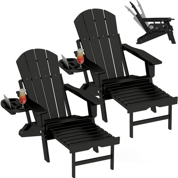 2PCS Folding Adirondack Chair with Ottoman, Adjustable Backrest Plastic HDPE Adirondack Chairs w/4 in 1 Cup Holder Tray, Black