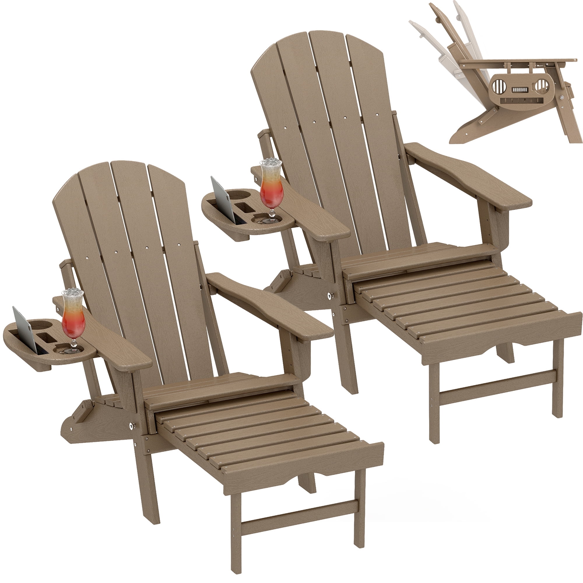 2PCS Folding Adirondack Chair with Ottoman, Adjustable Backrest Plastic HDPE Adirondack Chairs w/4 in 1 Cup Holder Tray, Brown