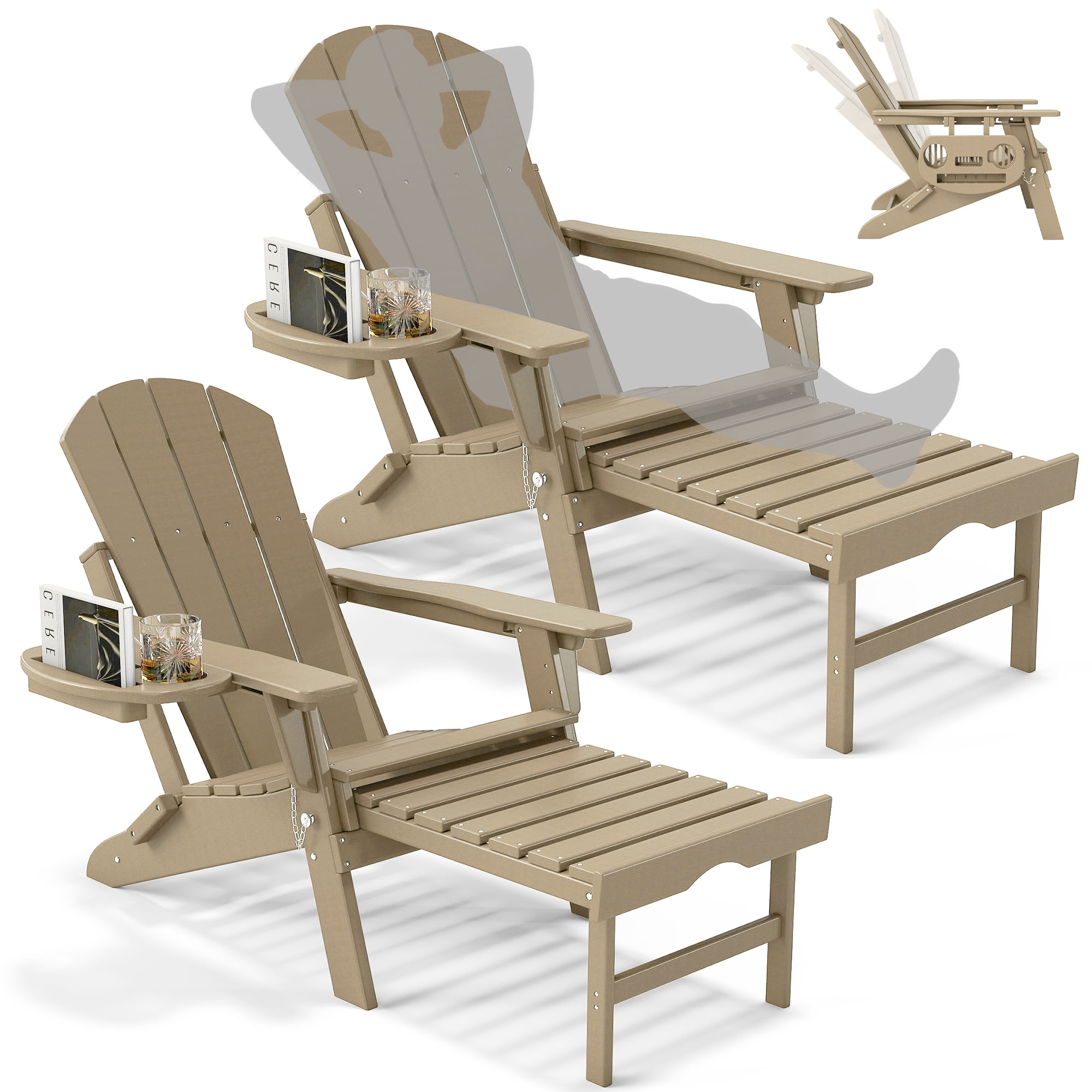 2PCS Folding Adirondack Chair with Ottoman, Adjustable Backrest Plastic HDPE Adirondack Chairs w/4 in 1 Cup Holder Tray, Brown