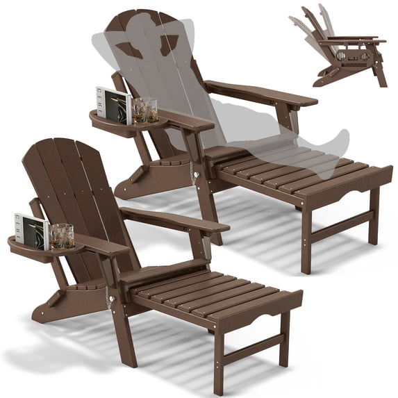 2PCS Folding Adirondack Chair with Ottoman, Adjustable Backrest Plastic HDPE Adirondack Chairs w/4 in 1 Cup Holder Tray, Coffee