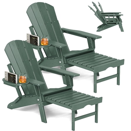 2PCS Folding Adirondack Chair with Ottoman, Adjustable Backrest Plastic HDPE Adirondack Chairs w/4 in 1 Cup Holder Tray, Dark Green