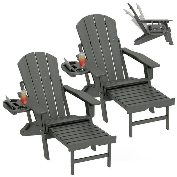 2PCS Folding Adirondack Chair with Ottoman, Adjustable Backrest Plastic HDPE Adirondack Chairs w/4 in 1 Cup Holder Tray, Gray
