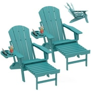 2PCS Folding Adirondack Chair with Ottoman, Adjustable Backrest Plastic HDPE Adirondack Chairs w/4 in 1 Cup Holder Tray, Lake Blue