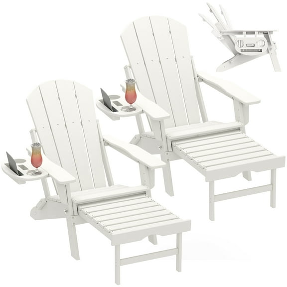 2PCS Folding Adirondack Chair with Ottoman, Adjustable Backrest Plastic HDPE Adirondack Chairs w/4 in 1 Cup Holder Tray, White