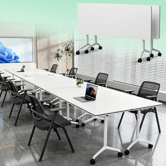 2PCS Folding Conference Table with Wheels, 4 Feet Flip Top Training Room Tables, Modular Meeting Table for 2-16 person, Modern Conference Room Tables for School Office Library, White