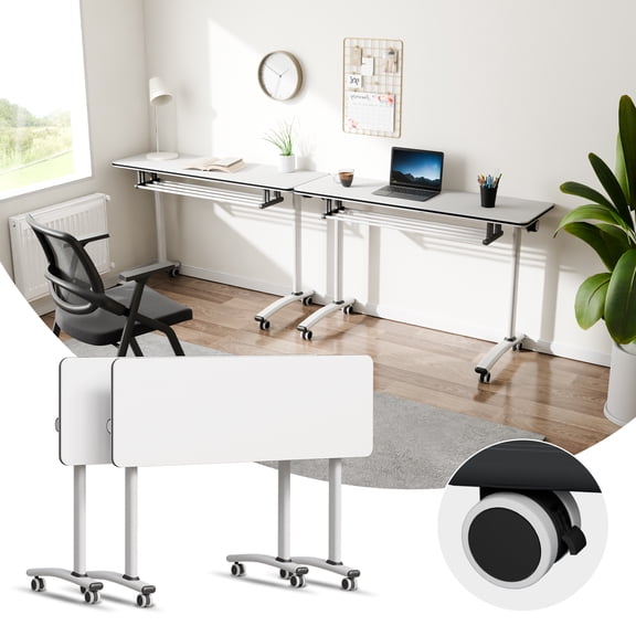 2PCS Folding Conference Table with Wheels 47.2"L X15.7"W X29.5"H White Mobile Narrow Training Tables for Office