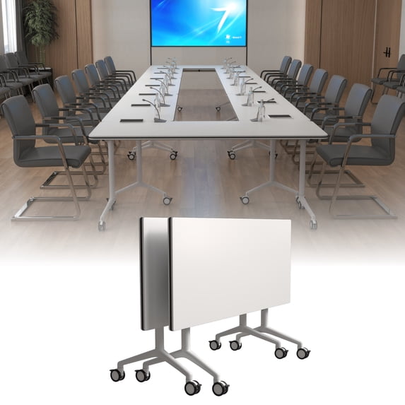 2PCS Folding Conference Table with Wheels 55.1in White, Foldable Mobile Training Tables for Office Classroom (2 47.2)