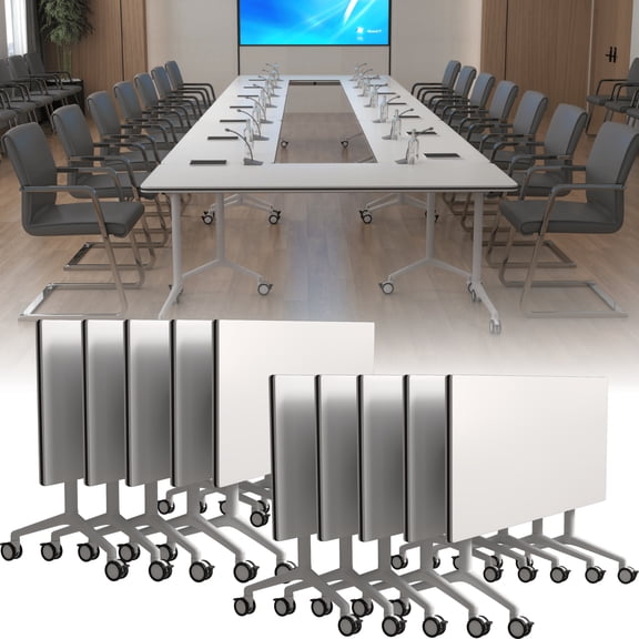 10PCS Folding Conference Table with Wheels 61in White, Foldable Mobile Training Tables for Office Classroom