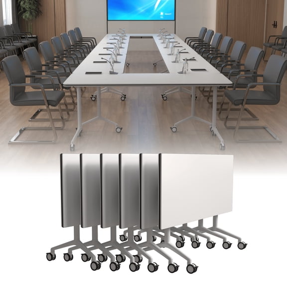 2PCS Folding Conference Table with Wheels 70.9in White, Foldable Mobile Training Tables for Office Classroom (6 70.9)