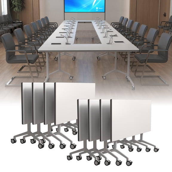 2PCS Folding Conference Table with Wheels 70.9in White, Foldable Mobile Training Tables for Office Classroom (8 70.9)