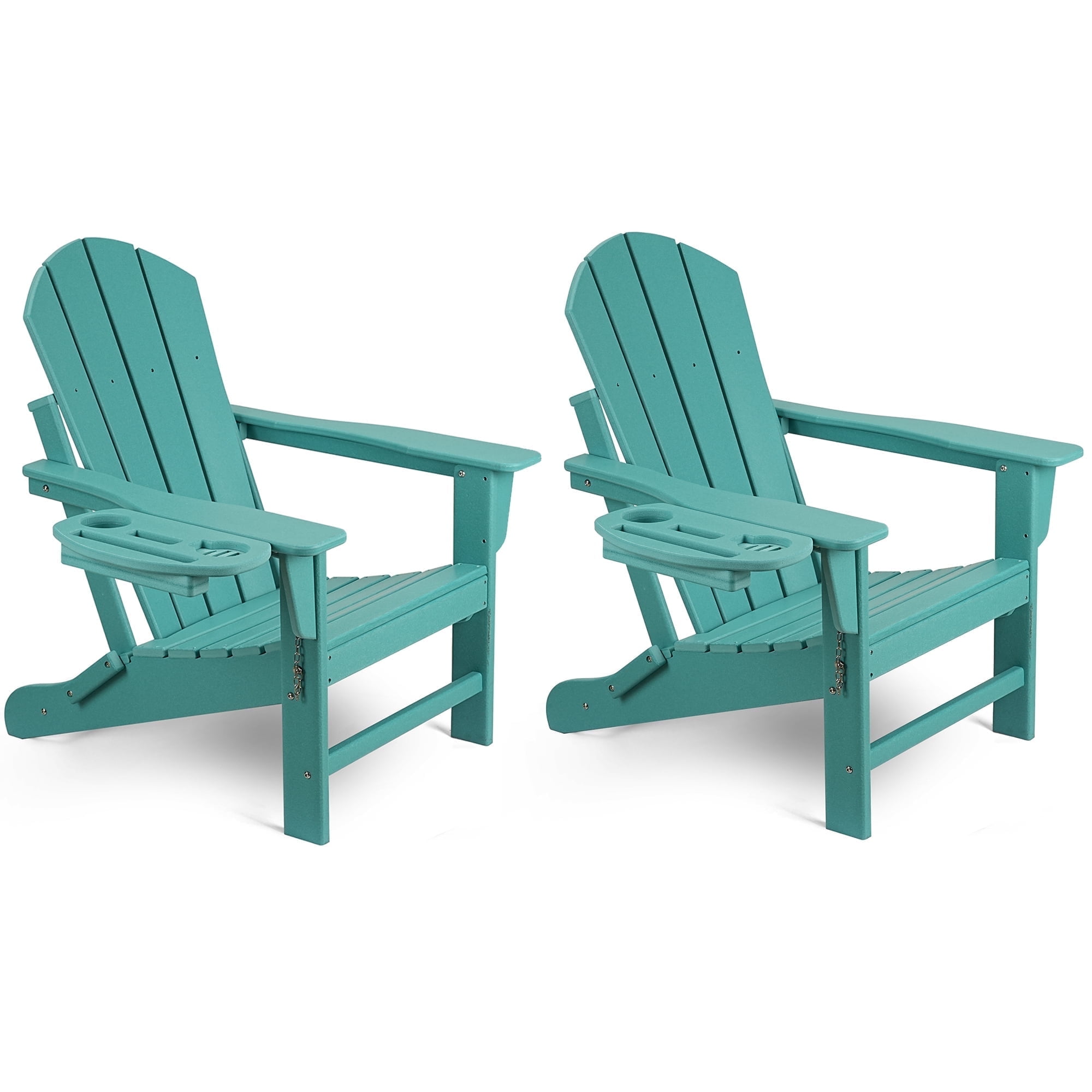2PCS Folding HDPE Adirondack Chair with 4 in 1 Cup Holder Tray, Outdoor Patio Plastic Adirondack Chairs Weather Resistant, Aruba Blue