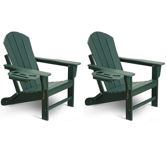 2PCS Folding HDPE Adirondack Chair with 4 in 1 Cup Holder Tray, Outdoor Patio Plastic Adirondack Chairs Weather Resistant, Green