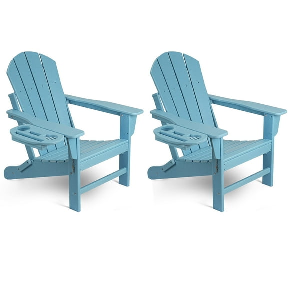 2PCS Folding HDPE Adirondack Chair with 4 in 1 Cup Holder Tray, Outdoor Patio Plastic Adirondack Chairs Weather Resistant, Light Blue