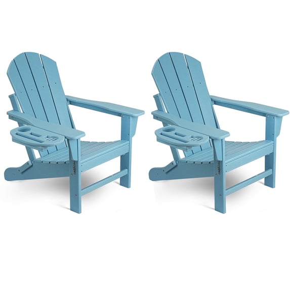 FOOWIN Folding Adirondack Chair with 4 in 1 Cup Holder Set of 2, HDPE Outdoor Fire Pit Chairs Adirondack Chair Plastic, Light Blue