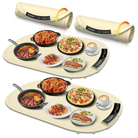 2PCS Food Warming Mat, Electric Warming Tray with 7 Temperature Settings and 4 Hours Timer, Heating Fastly in 10s, Portable Food Warmers for Buffets Party, Family Gatherings (Beige)