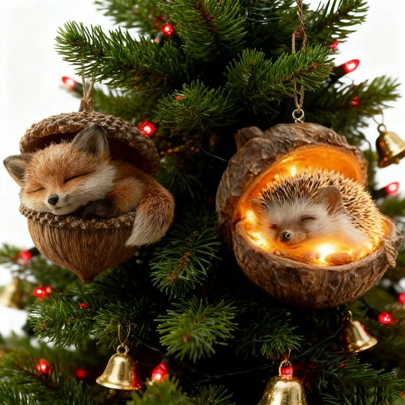 2PCS Forest Animal Acorn Ornaments, 3D Cozy Forest Christmas Ornaments, 2026 New Pine Cone Animal Decoration, Woodland Creature Figurine, Acrylic Hanging Ornament Home Party Decor