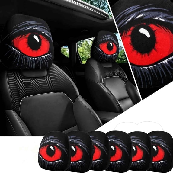 2PCS Funny Horror Themed Headrest Covers Scary Covers for Cars Stretchy Seat Headrest Protector Funny Cover for Auto, Vehicle,Truck,SUV,Washable Elastic Fabric,Interior Accessories (Red Big Eye-6pcs)
