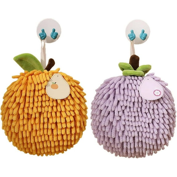 2PCS Fuzzy Ball Hand Towel,Chenille Hand Towel,Cute Spherical Fruit Shape Hand Towel,Hand Drying Puff,Hand Towels with Hook Loop,Fun Decorative Hand Towels,Suitable for Bathroom, Kitchen, Hotel