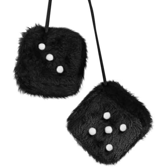 2PCS Fuzzy Dice for Car Rear View Mirror with Suction Cup, 2.37" Retro Plush Dice Auto Decoration for Mirror, Cute Classic Mirrors Dice, Universal Rearview Hanging Ornament (Black)