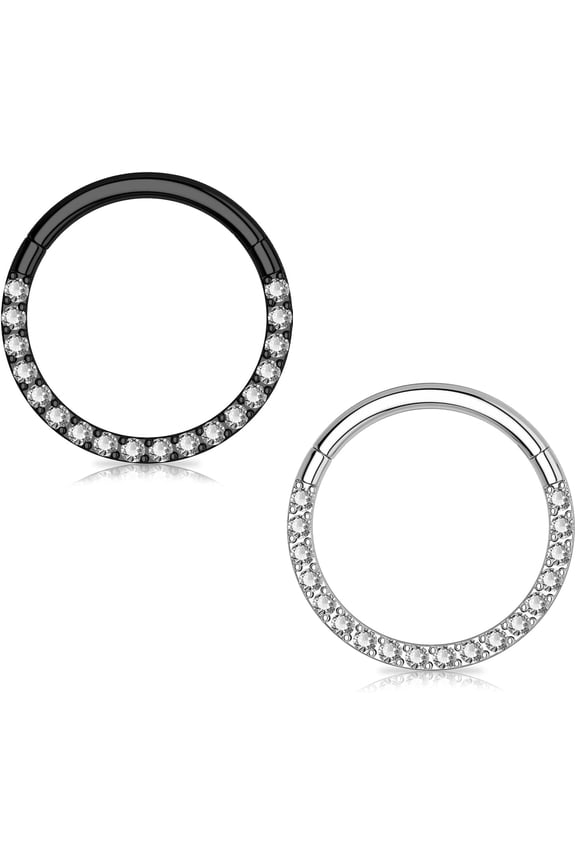 2PCS G23 Titanium Nose Rings Hoop 18G 16G Clear CZ Lined Hypoallergenic Conch Helix Cartilage Daith Earrings Hoop 8mm 10mm Septum Rings Silver and Gold Plated Lip Hinged Segment