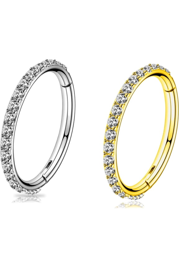 2PCS G23 Titanium Nose Rings Hoop 18G 16G Clear CZ Lined Hypoallergenic Conch Helix Cartilage Daith Earrings Hoop 8mm 10mm Septum Rings Silver and Gold Plated Lip Hinged Segment