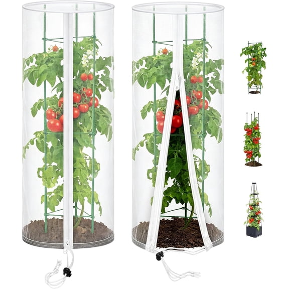 2PCS Garden Bird Netting Plant Cover for Round Tomato Cage 59" x 17" Insect Bird Barrier Tomato Planter Trellis Netting with Zipper & Drawstring Cover Vegetable Mesh Plant Protector