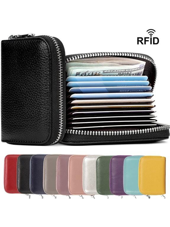 2PCS Genuine Leather Credit Card Holder Wallet RFID Blocking Secure Card Case ID Case Organizer Zipper Wallet