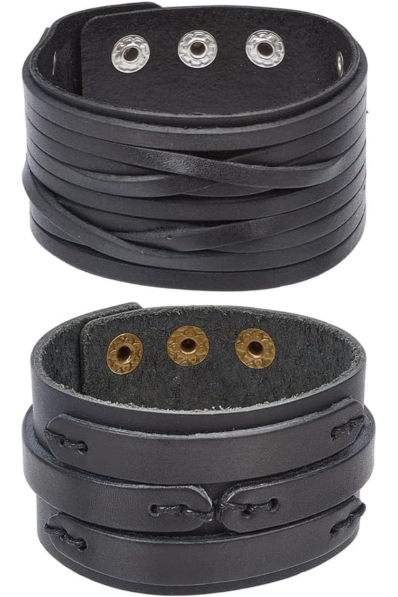 2PCS Genuine Leather Vintage Punk Wide Cuff Wristband for Men 2 Styles Cowhide Leather Wrap Bracelet Full Grain Adjustable Gothic Bangle
