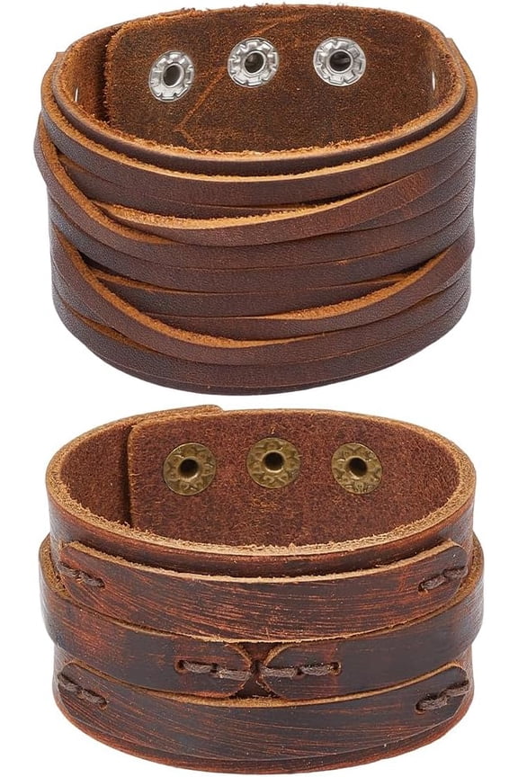 2PCS Genuine Leather Wide Cuff Bracelet for Men 2 Styles Vintage Punk Full Grain Wrap Wristband Cowhide Leather Adjustable Gothic Bangle