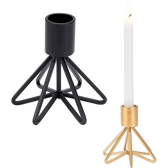 2PCS Geometric Wire Taper Candle Holders Golden Black Metal Candlestick Decorative