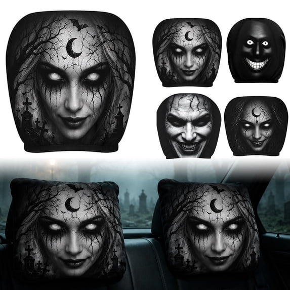2PCS Ghost Face Headrest Covers, Scary Face Printing Auto Seat Universal Elastic Models Headrest Protector with Glowing-Eye Effects Cover Funny Decoration for Car Interior Vehicle Truck SUV