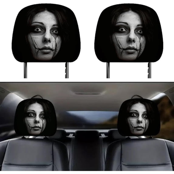 2PCS Ghost Face Headrest Covers, Scary Face Printing Auto Seat Universal Elastic Models Headrest Protector (Style-F)