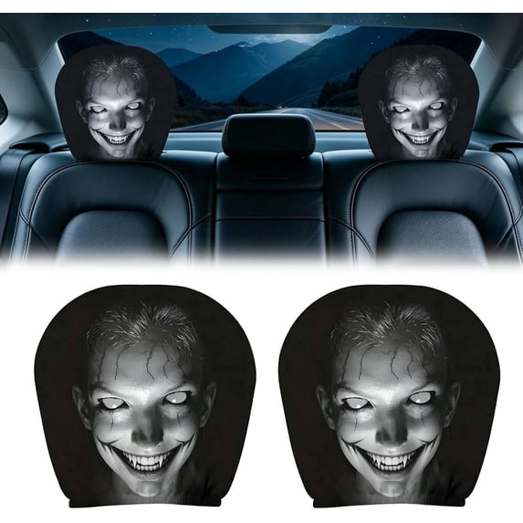 2PCS Ghost Face Headrest Covers, Scary Face Printing Auto Seat Universal Elastic Models Headrest Protector