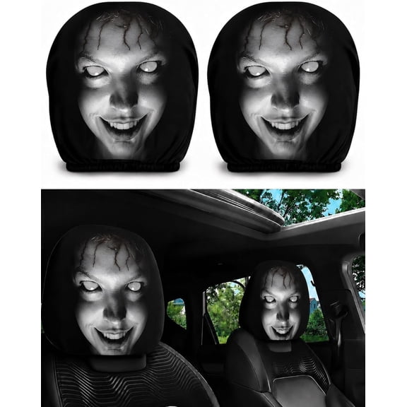 2PCS Ghost Face Headrest Covers, Scary Face Printing Auto Seat Universal Elastic Models Headrest Protector
