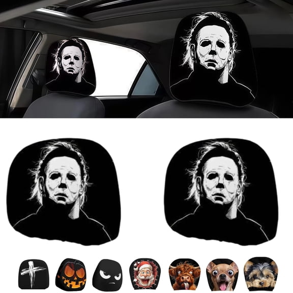 2PCS Ghost Face Headrest Covers, Universal Soft Polyester Headrest Cover with Horror Cartoon Print, Washable Elastic Interior Accessories for Car Truck SUV (Style A)