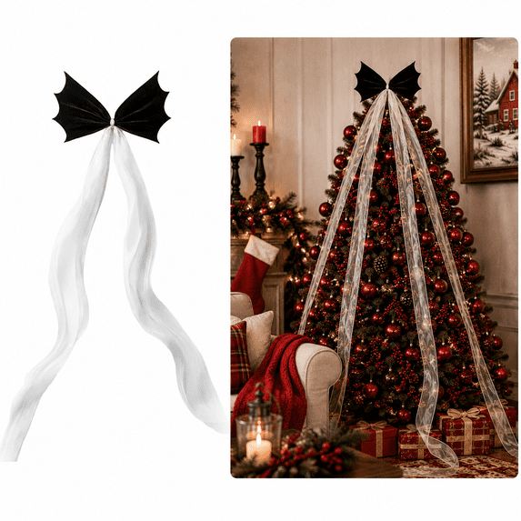 2PCS Giant Bat Wings Tree Topper Bow with Flowing Streamers and Organza Ribbon Curtain Tieback Gothic Home Christmas Decor