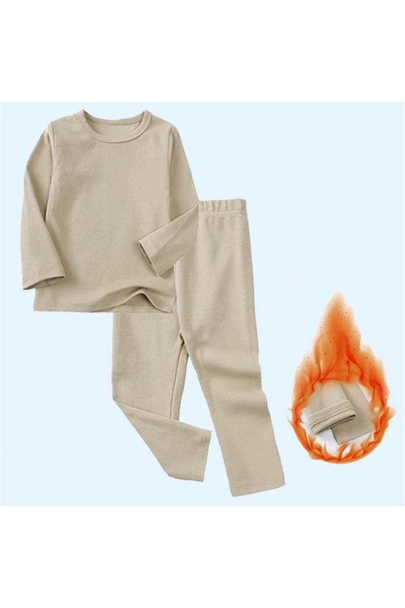 2PCS Girl Fall Winter Clothes Set New Children's Solid Color Round Neck Long Sleeved Shirt with Elastic Waist Long Pants Home Suit Set Style B-39 Khaki 2 Years