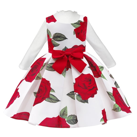 2PCS Girls Rose Floral Pageant Dress Flower Wedding Birthday Shirt Dress Set
