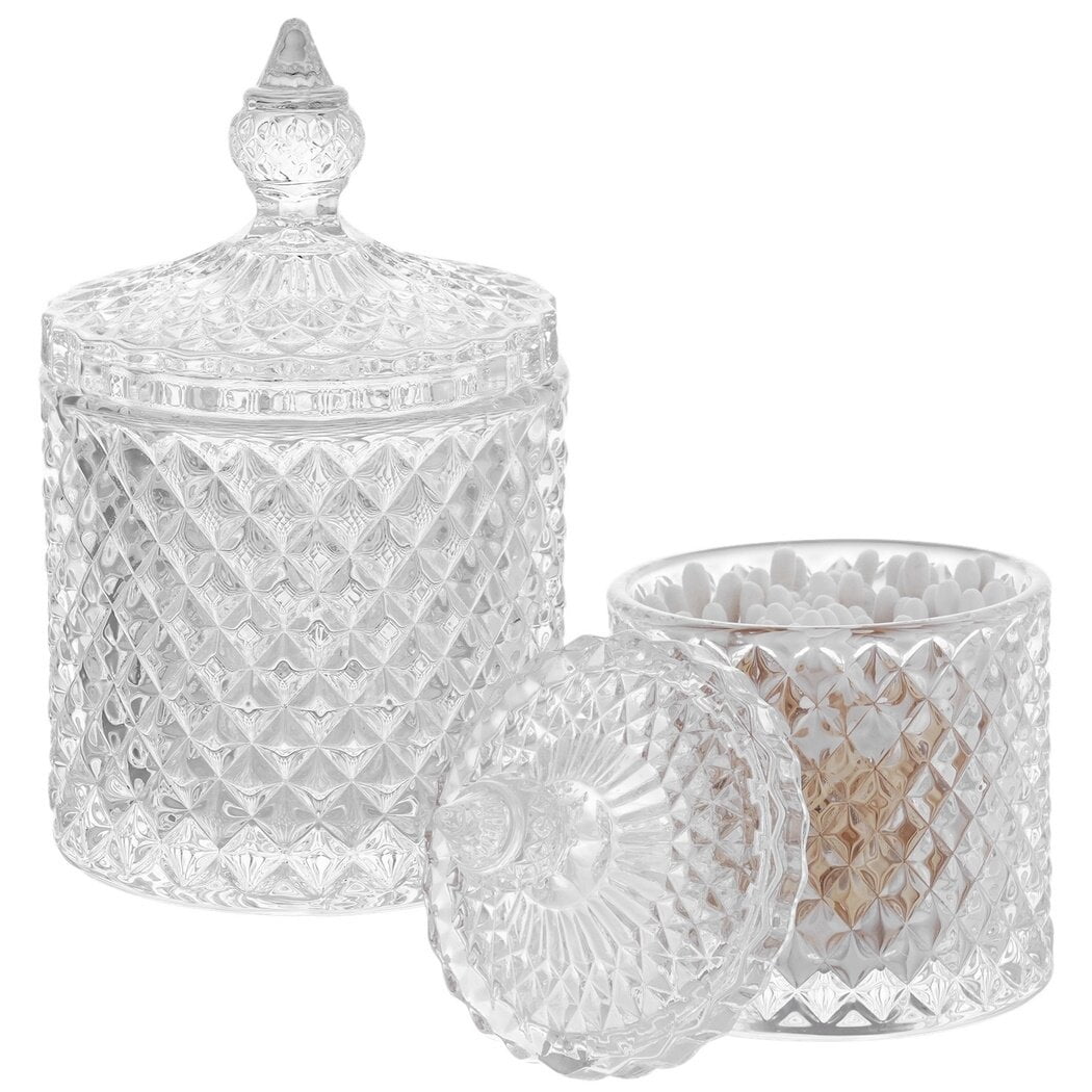 2PCS Glass Apothecary Jars Set, Qtip Holders with Lid, Crystal Vanity Organizers, Makeup Storage Containers, Decorative Canisters for Home, Kitchen, Bathroom (20oz+10oz)